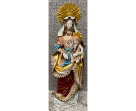 A hand decorated ceramic Renaissance stylised Madonna and Child, with marks to base and signed Apolito. H.75cm