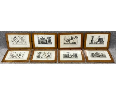 A set of eight engravings, Ancient Roman items, designs and motifs. H.35 W.50cm.