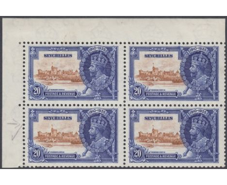 STAMPS SEYCHELLES 1935 Silver Jubilee 20c Brown and Deep Blue, lightly mounted mint corner block of four, with variety EXTRA 