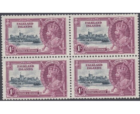 STAMPS FALKLANDS : 1935 GV Silver Jubilee, 1/- with 'short extra Flagstaff' variety in block of four (bottom left), lightly M