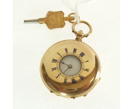 STAMPED 14CT GOLD CASED DEMI-HUNTER FOB WATCH, key wind movement, white roman dial, the case with blue enamel roman numerals,