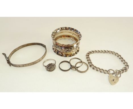 SILVER CURB PATTERN LINK BRACELET, WITH PADLOCK CLASP, London 1966, A SILVER FOLIATE ENGRAVED THIN HINGE OPENING BANGLE, Birm