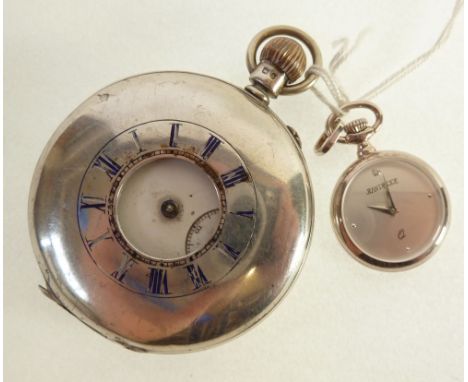 VICORIAN SILVER DEMI HUNTER POCKET WATCH, keyless movement, white porcelain roman dial, with subsidiary seconds, blue enamel 