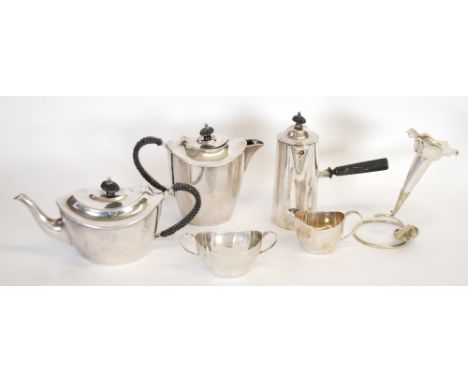 ELKINGTON & CO, FOUR PIECE TEA SET, with wicker pattern black insulator handles and knops, WITH A NEAR MATCHING CAFÉ AU LAIT 