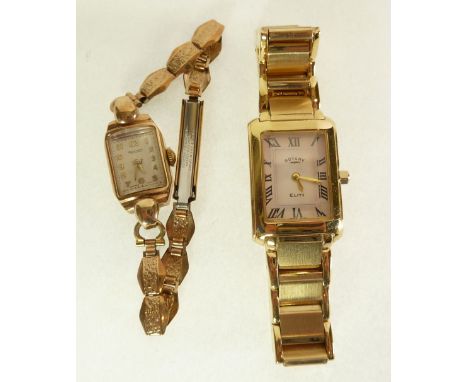 LADY'S 9CT GOLD CASED ROTARY WRIST WATCH, mechanical movement, silvered oblong Arabic dial, London 1950, on GOLD FOLIATE ENGR