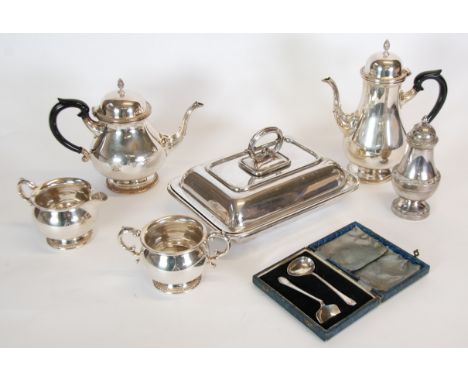 MAPPIN &amp; WEBB FOUR PIECE GEORGIAN STYLE ELECTROPLATE TEA SET, with gadroon rims, acorn finials and black insulator handle