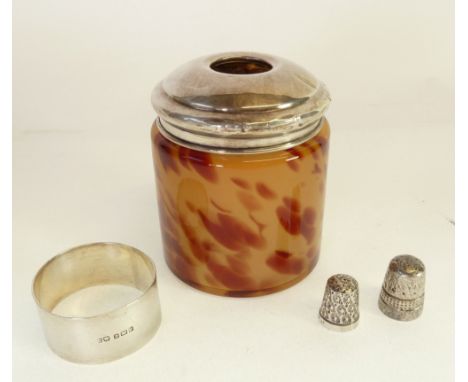 PLAIN SILVER NAPKIN RING, Birmingham 1908, TORTOISESHELL PATTERN GLASS HAIR TIDY, WITH SILVER LID, London 1904, AND TWO SILVE