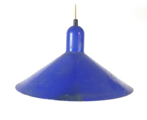 A 1970's blue enamelled ceiling light of trumpet form CONDITION REPORT: Working order unknown, some wear and knocks, pitting 