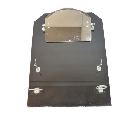 A 1960's bathroom panel, the black glass mount supporting an adjustable mirror and various other fittings, 78 x 56 cm
