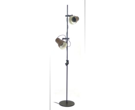 A 1980's brown enamelled twin spot standard lamp CONDITION REPORT: Working order unknown, losses and pitting, no plug