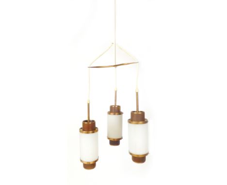 A 1970's three branch copper mounted ceiling light with three teak and ridged glass shades CONDITION REPORT: Working order un