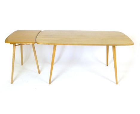 An Ercol elm dining table on beech square tapering legs, l. 153 cm, with an additional freestanding leaf, l. 46 cm  CONDITION