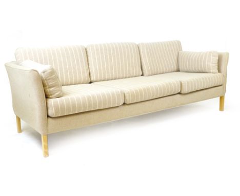 A 1970's cream and striped three seater sofa on beech square straight feet CONDITION REPORT: Good for age