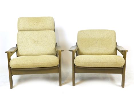 A highback and lowback pair of oak framed and button upholstered lounge armchairs on square straight feet CONDITION REPORT: W