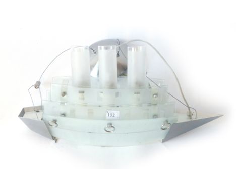 A 1980's glass and metal mounted ceiling light in the form of a steam ship, l. 51 cm CONDITION REPORT: Incomplete