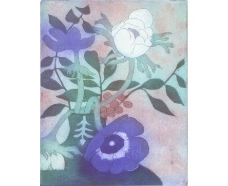 Winifred Pickard (1908-1996),
a study of a vase of peonies,
signed and dated 'Xmas '75' in pencil,
etching,
21 x 15.5 cm,
tog