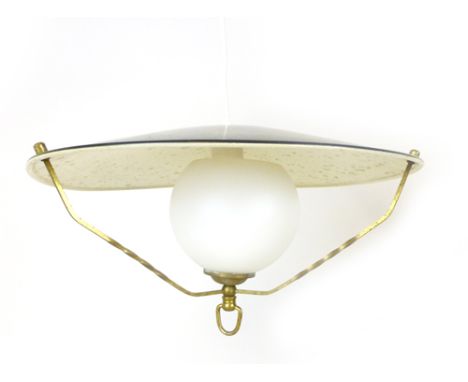 A 1970's ceiling light, the black enamelled shade over a moulded glass inner shade with brass mounts CONDITION REPORT: Dents,