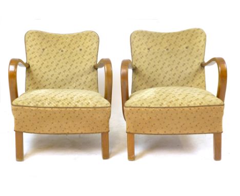 A pair of 1950's Danish cocktail chairs, the beech frames with button upholstery CONDITION REPORT: May benefit from reupholst