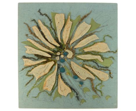 A 1960/70's hessian panel mounted with ceramic segments, beads and wirework forming a flowerhead, 47 x 42 cm