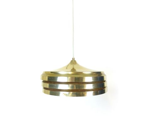A 1970's Swedish brass coloured three tier ceiling light of off-centre form with a perspex interior shade by Hans Agne Jakobs