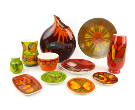 An Anita Harris Studio vase of jug form decorated with red and orange glazes, h. 30.5 cm, together with a group of other Pool