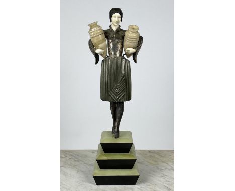 MANNER OF PIERRE LE FAGUAYS (French 1892-1962) ART DECO LAMP, the 'water carrier', with alabaster urns on stepped green onyx 
