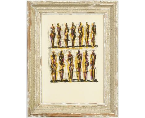 HENRY MOORE, Thirteen Standing Figures 1958, Lithograph bears a Henry Moore watermark, French Montparnasse frame, 44 x 31.5 c