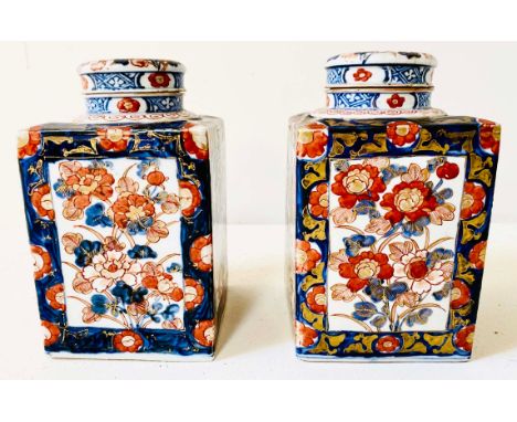 19TH CENTURY CHINESE IMARI PATTERN PORCELAIN TEA CADDIES, 21cm high, 13cm wide, pair, with over and underglaze decoration and