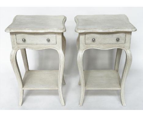 BEDSIDE/LAMP TABLES, a pair, French Louis XV style traditionally grey painted each with drawer and cabriole supports and unde