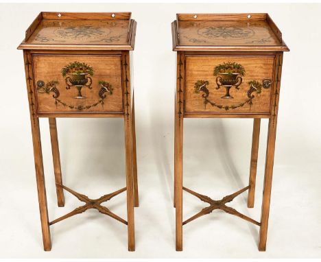 LAMP TABLES, a pair, George III style satinwood and painted each with gallery and door, 83cm H x 38cm W x 34cm D. (2) 