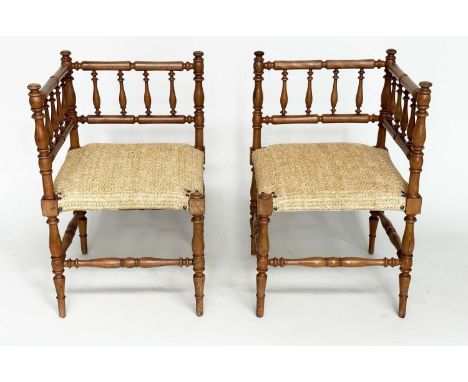 CORNER CHAIRS, a pair, 19th century fruitwood each bobbin turned, 43cm. (2) 