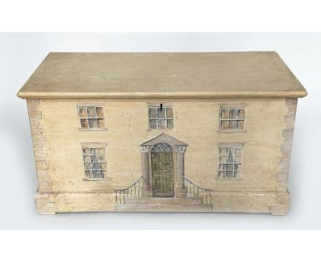 GEORGIAN HOUSE TRUNK, early 19th century pine over painted as an earlier Georgian house on three sides with rising lid, 95cm 