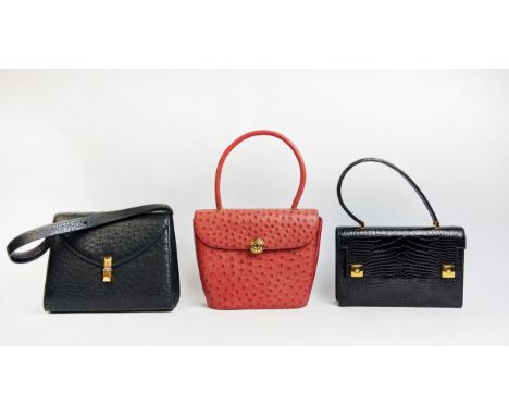 AVRIL &amp; MORIO PARIS VINTAGE BAGS, three, a coral color ostrich and leather, with flap closure and single top handle 22cm 