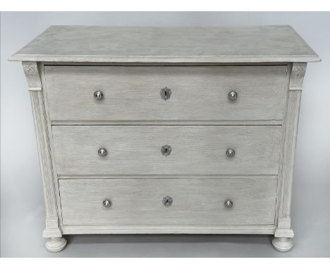 COMMODE, 19th century Scandinavian grey painted with three long drawers and turned front supports, 111cm x 55cm x 86cm H. 