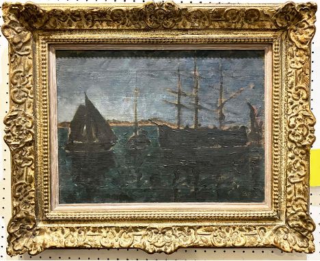 BRITISH IMPRESSIONIST MANNER, 'Ships at Harbour', oil on canvas, 39cm x 30cm, monogrammed BP, framed. 