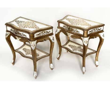 FLORENTINE LAMP TABLES, a pair, Italian parcel gilt each with drawer and undertier, 58cm x 33cm x 62cm H. (2) 