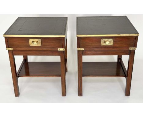 LAMP TABLES, a pair, campaign style mahogany and brass bound each with gilt tooled green leather and frieze drawer, 46cm x 46