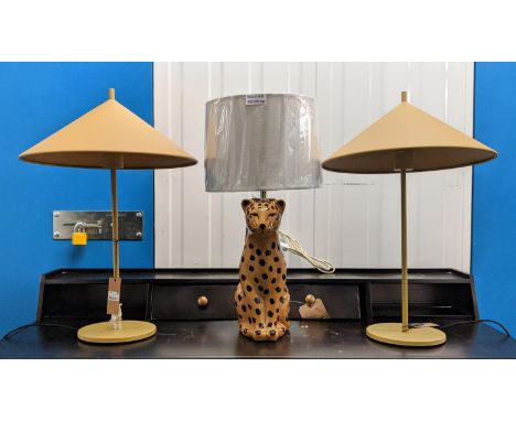 HK LIVING TABLE LAMPS, a pair, 58cm H together with a Made.com ceramic leopard lamp, 51cm H. (3) 