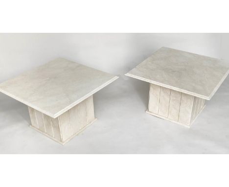 LAMP TABLES, a pair, square figured carrara white marble raised upon square column bases, 76cm x 76cm x 47cm H. (2) 