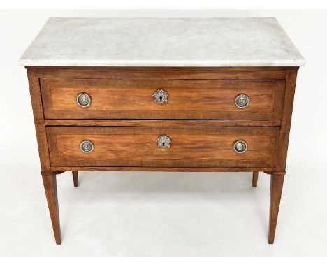 COMMODE, late 18th century Italian figured olive wood and crossbanded with two long drawers and slender tapering supports, 90
