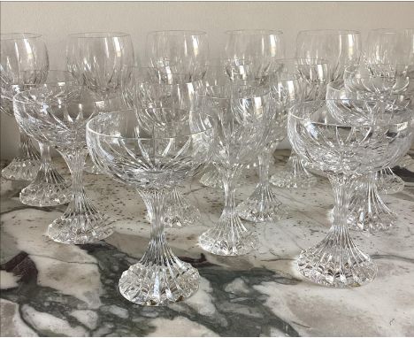 BACCARAT DRINKING GLASSES, Baccarat 'Messena', six large wine, six smaller, six champagne coupes, 18 pieces. 