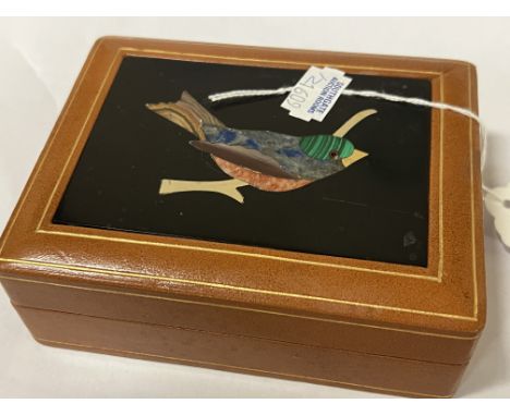 VINTAGE PIETRA DURA &amp; LEATHER CARD BOX