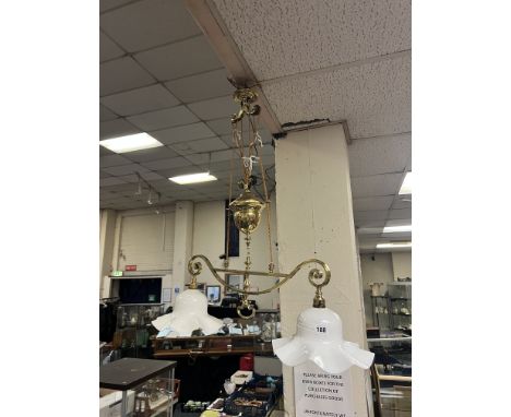 EARLY BRASS RISE &amp; FALL CEILING LIGHT SLIGHT DAMAGE TO 1 SHADE