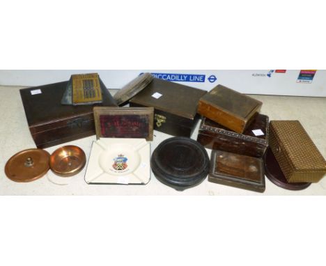 A tin enamel Cook by electricity ashtray and a selection of boxes and other collectables