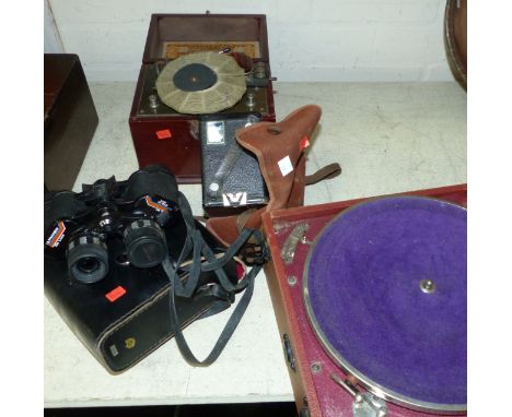 A cased gramophone a Brownie box camera and a cased Meepon crystal set and a pair of binoculars 
