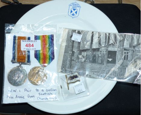 Scottish Church Huts, a WW1 pair to civilian Miss Annie Dunn together with a mess plate and two postcards with views of the S