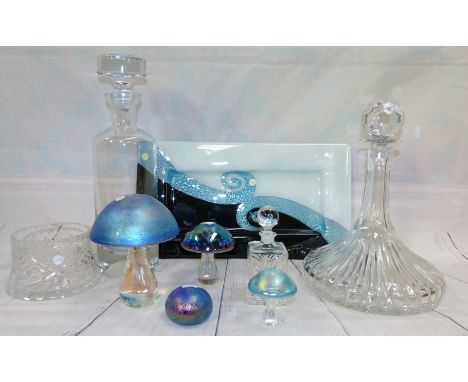 Four iridescent Mushroom paperweight, a modern ship's decanter, two pieces of glassware and an art glass plate