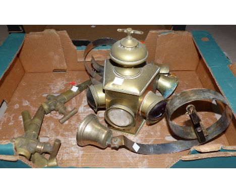Reproduction 3 light mask headlamp; 3 servant's bells and coiled springs; 3 brass beer taps