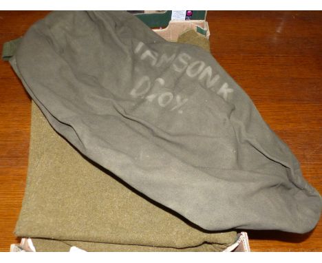 A British army kit bag, Jamison K., D. Coy. two wool blankets 