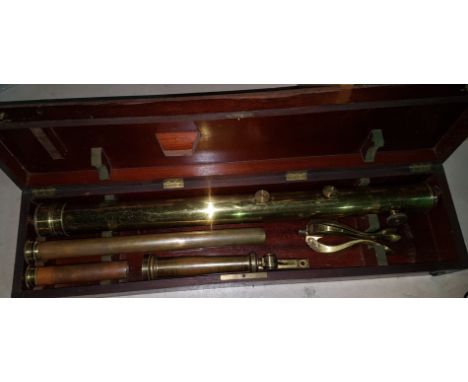 A 19th Century brass telescope with folding tripod stand 3", mahogany case (two objective lenses) and a large wooden tripod s